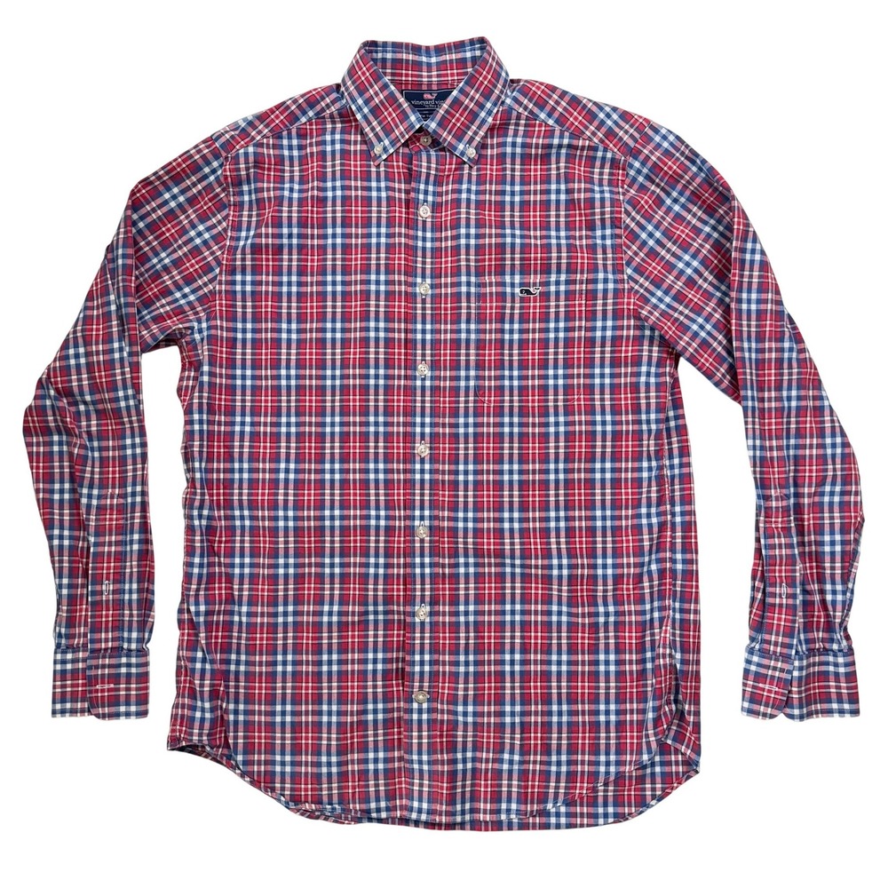 Vineyard Vines Tucker Shirt‎ Mens Medium Red Blue Plaid Slim Fit Button Down M
